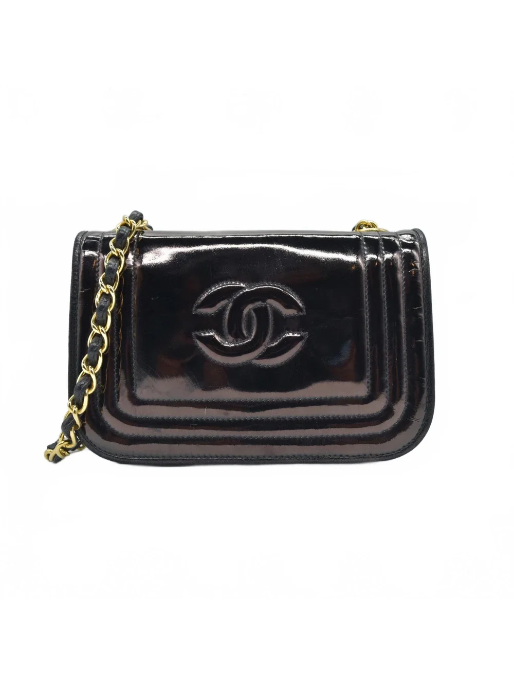 $3500 Chanel Patent Mini Flap Brown Chain Shoulder Bag